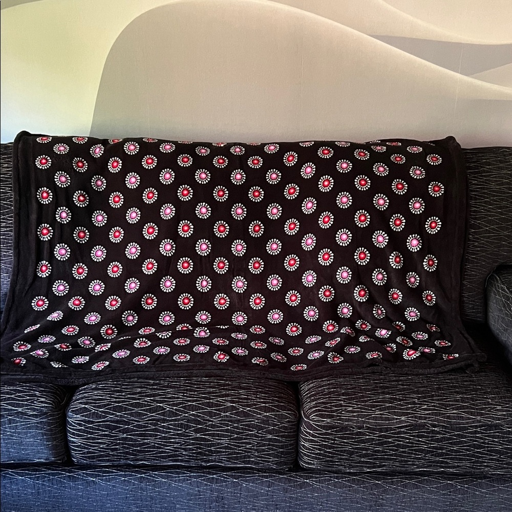 Vera Bradley Black Blanket with Pink and White Floral Design. 84” x 52”.